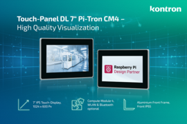 Graphic with two monitors, one monitor shows an industrial environment,one monitor shows the logo Raspberry Pi Design Partner and 3 features of the DL 7" Pi-Tron CM4 are shown and described